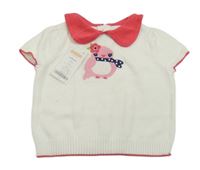 Nové - smotanové pletené tričko s vtáčikom a jahodovým golierikom GYMBOREE.