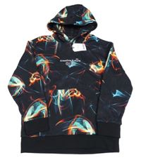 Nové - černo-barevná vzorovaná mikina s nápisem a smajlíky a kapsou a kapucí Next