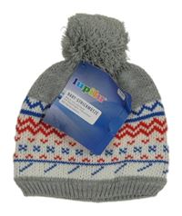 Nová - šedo-bílo-safírovo-červená vzorovaná pletená čepice s bambulí lupilu