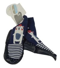 Nové - tmavomodré koženkovo/semišové capáčky s ponožkou s medvídkem Tu vel. 17