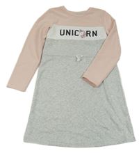 Svetlošedá -bielo-svetloružové melírované teplákové šaty s jednorožcom a nápisom H&M