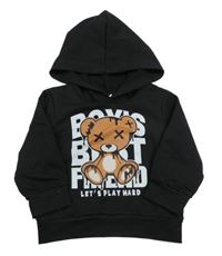 Čierna mikina s medvedíkom a nápismi a kapucňou SHEIN