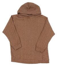 Světlehnědo-sivý melírovaný rebrovaný úpletový oversize sveter s kapucňou George