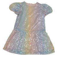 Světlemodro-růžovo-žluté flitrové šaty