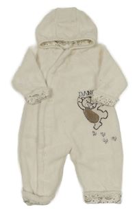 Smetanová chlupatá podšitá kombinéza s medvědem a kapucí