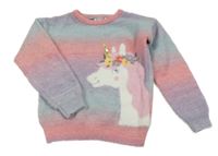 Ružovo-lila-svetlomodrý vlnený sveter s jednorožcom s flitrami Primark