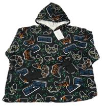 Nové - Černá chlupatá zateplená oversize mikina s ovladači a kapucí