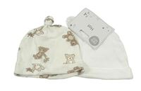 2x bavlněná čepice - smotanová s medvědy + biela