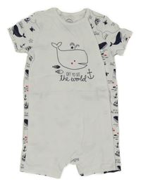 Biely bavlnený kraťasový overal s velrybami C&A