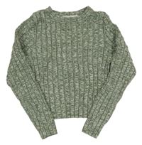 Kaki-sivý melírovaný rebrovaný crop sveter H&M