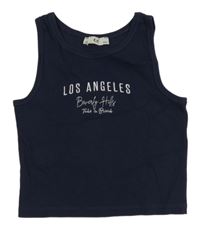 Tmavomodrý rebrovaný crop top s nápisom C&A
