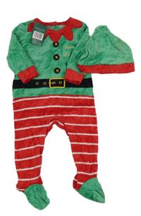 Nové - 2 set - zeleno-červený sametový overal - Elf + čepice 
