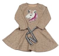 Růžovo-šedé melírované pletené šaty s jednorožcem a páskem 