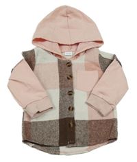 Ružovo-hnedá úpletová košeľová bunda s trikovými rukávy a kapucňou