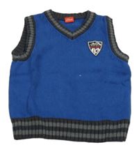 Modrá pletená vesta s šedým lemem a nášivkou S. Oliver