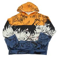 Oranžovo-modro-biela vzorovaná mikina s kapucňou shein