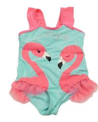 Modro-růžové neonové jednodílné plavky s plameňáky a volánky Dopodopo