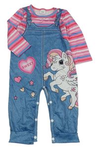 Modro-růžový overal s pruhovanými rukávy s jednorožcem 