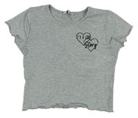 Sivé melírované crop tričko s nápisom a srdiečkami E-Vie