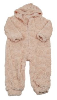 Růžová chlupatá kombinéza se srdíčky a kapucí Shein