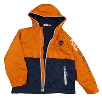 Oranžovo-tmavomodrá šušťáková lehce zateplená bunda s nápismi a kapucňou Kids