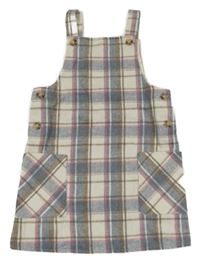 Sivo-smetanovo-ružové kockované vlnené na traké šaty Primark