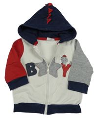 Bílo-tmavomodro-červno-šedá propínací mikina s nápisem a kapucí 