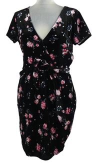 Dámske čierne kvetované zamatové šaty s opaskom H&M