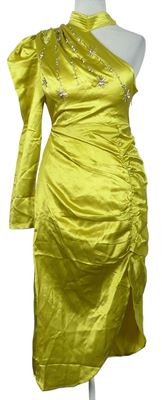 Dámske žlté saténové asymetrické koktejlové šaty s korálkami