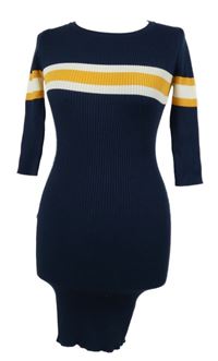 Dámské tmavomodré žebrované pletené minišaty s prúžkami
