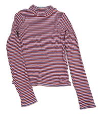 Bílo-červeno-fialové pruhované žebrované crop triko Benetton