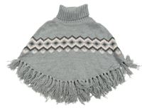 Šedo-růžové vzorované pletené pončo s třásněmi a rolákem H&M 158/170