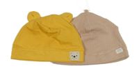 2x čepice - světlerůžová žebrovaná + žlutá s oušky 