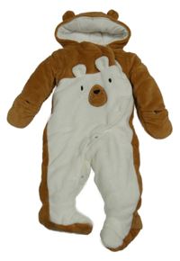 Nové - Karamelovo-bílá chlupatá zateplená kombinéza s medvědem a kapucí 