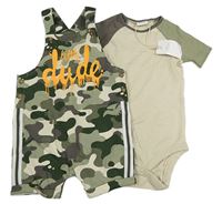 2set - Khaki-béžové army teplákové laclové kraťasy + béžovo-khaki body Next