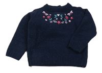 Tmavomodrý žinylkový třpytivý svetr s výšivkou C&A