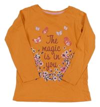 Oranžové triko s kytičkami a motýly Dopodopo
