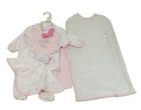 Nové - 7pack - Bielo-ružový overal + body + deka + bryndák + usínáček + ponožky + čapica