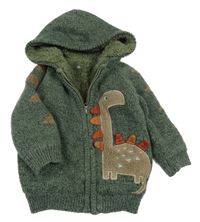 Tmavozelený melírovaný propínací zateplený svetr s dinosaurem a kapucí Nutmeg