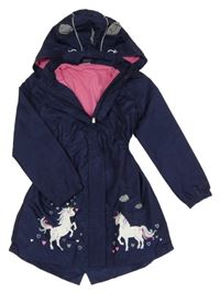 Tmavomodrá šušťáková jarná parka s jednorožcami a kapucňou Kiki&Koko