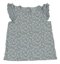 Modrošedé tričko s kvietkami a volánikmi C&A