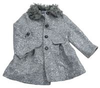 Sivo-biely melírovaný podšitý kabát s flitrami a kožušinovým golierikom F&F