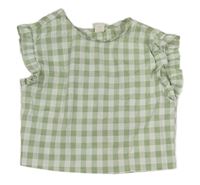 Olivovo-bílá kostkovaná crop halenka s volánky SHEIN