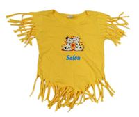 Žluté crop tričko s dalmatinky a třásněmi