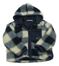 Tmavomodro-bílá kostkovaná huňatá podšitá bunda s kapucí H&M