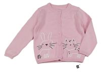 Nové - růžový propínací svetr s kočičkou a zajíčkem St. Bernard