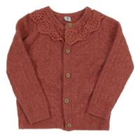 Hrdzavý melírovaný perforovaný vlnený prepínaci sveter s golierikom s madeirou Tu