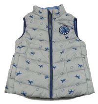 Sivo-tmavomodrá melírovaná prešívaná šušťáková zateplená jezdecká vesta s koníky a kotvami RIDING CAMP