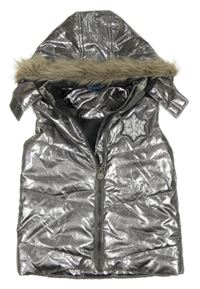 Stříbrná prošívaná nepromokavá zateplená vesta s vločkou a kapucí s kožešinou Disney