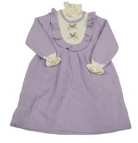 Světlefialovo-smotanové svetrové šaty s mašľami a volánikom a rolákom